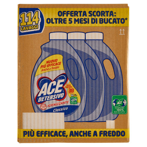 Ace Detersivo Igienizzante Classico 3 x 38 Lavaggi 3 x 1900 ml