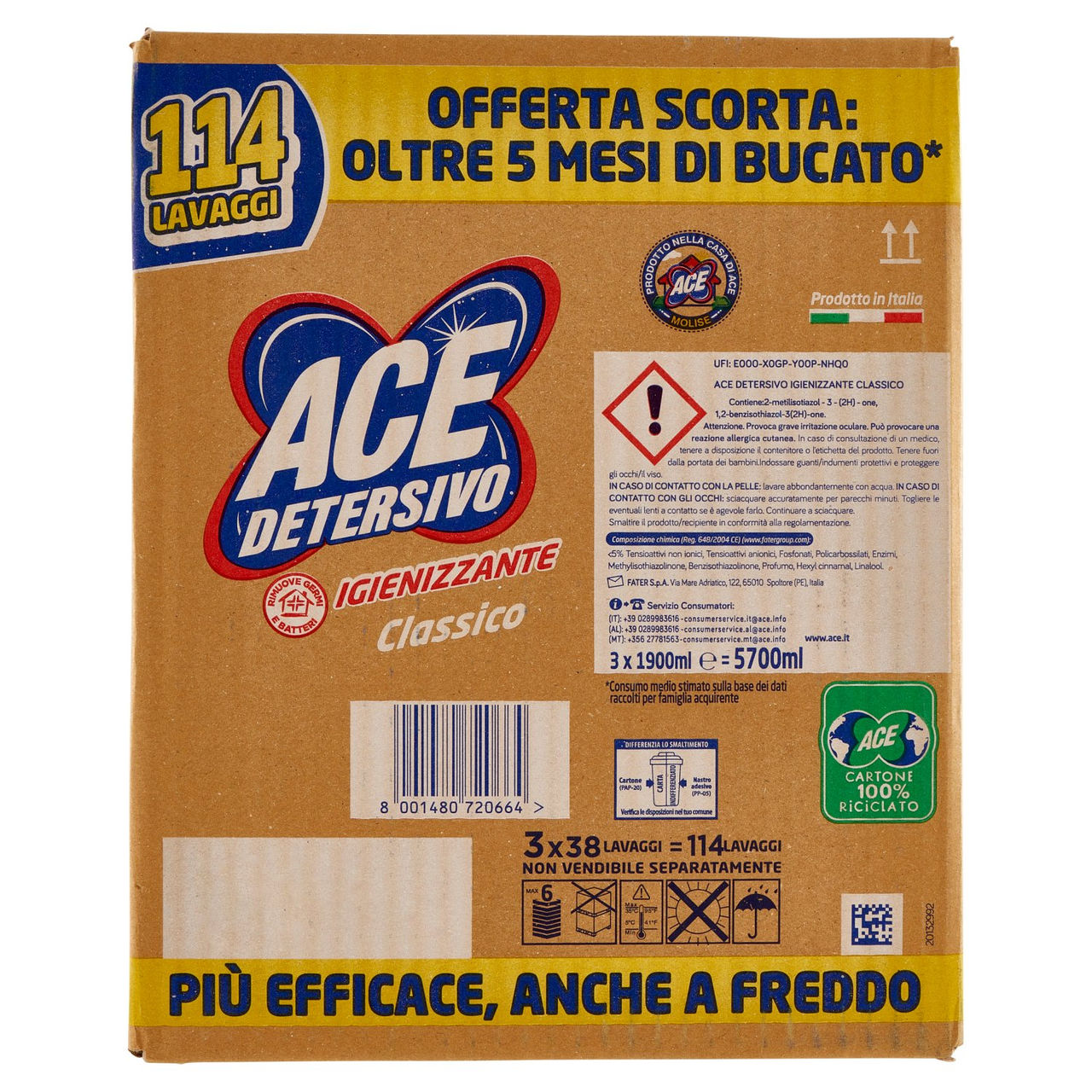 Ace Detersivo Igienizzante Classico 3 x 38 Lavaggi 3 x 1900 ml