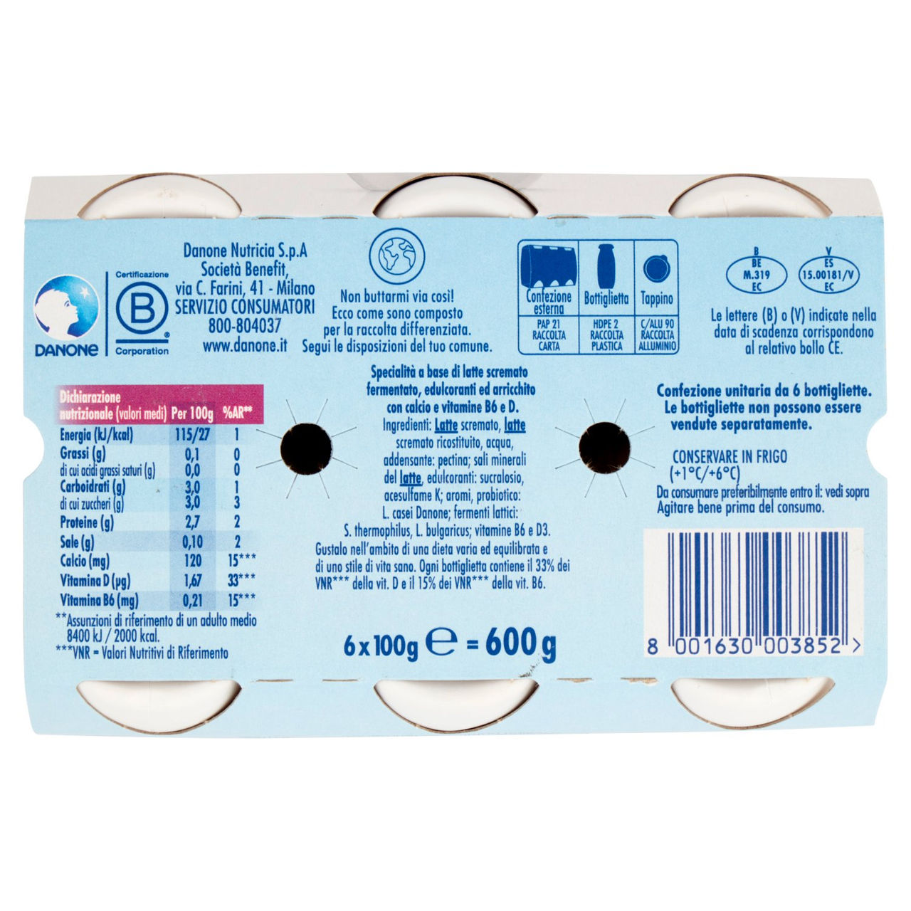 Actimel yogurt da bere, 0% grassi, arricchito con calcio, vitamina B6 e D, gusto bianco 6 x 100 g