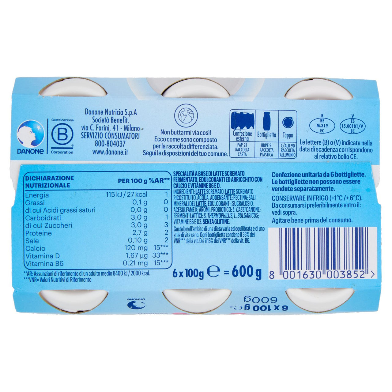 ACTIMEL, Yogurt da Bere con Vit B6 e D per il Sistema Immunitario, 0% grassi, Bianco Naurale, 6X100G