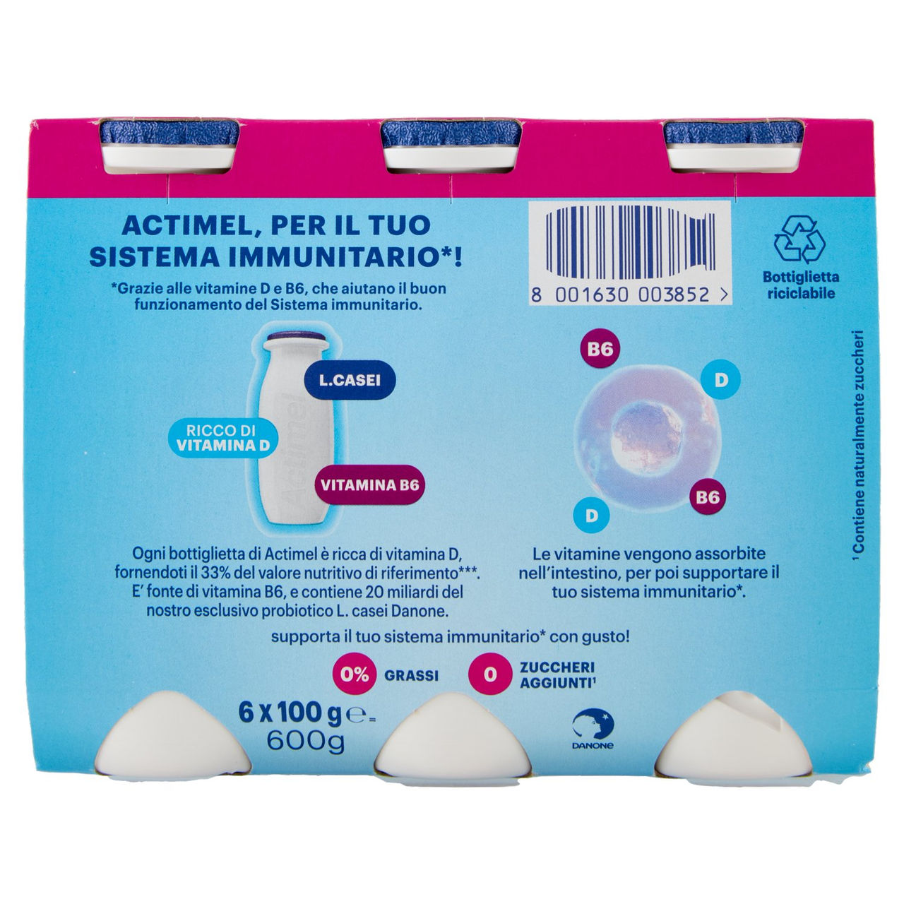 ACTIMEL, Yogurt da Bere con Vit B6 e D per il Sistema Immunitario, 0% grassi, Bianco Naurale, 6X100G