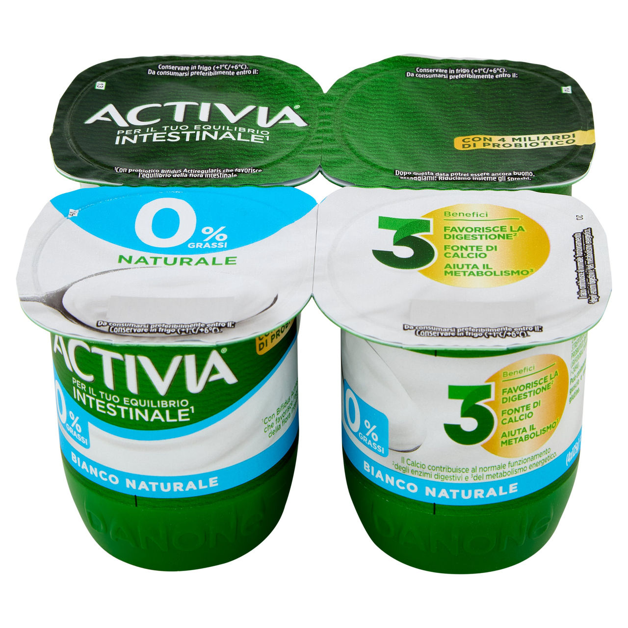 ACTIVIA Yogurt con Probiotico Bifidus, 0% Grassi, 0% Zuccheri Aggiunti, Bianco Naturale, 4x125g