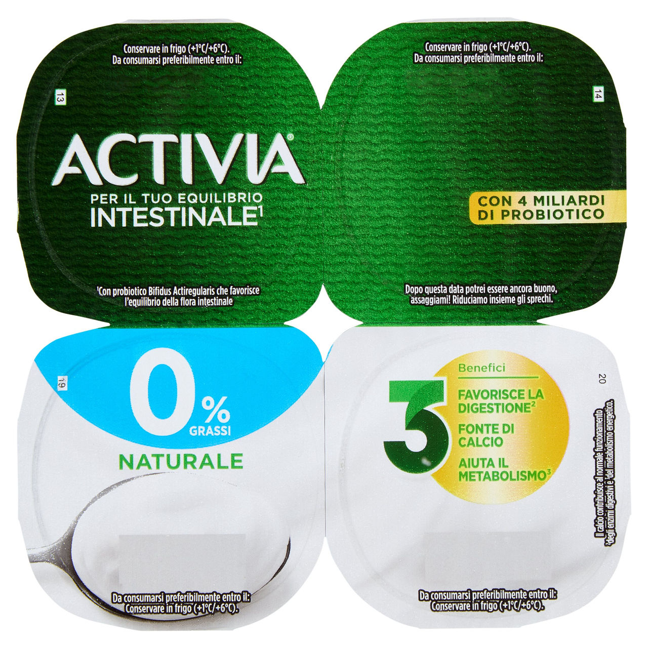ACTIVIA Yogurt con Probiotico Bifidus, 0% Grassi, 0% Zuccheri Aggiunti, Bianco Naturale, 4x125g