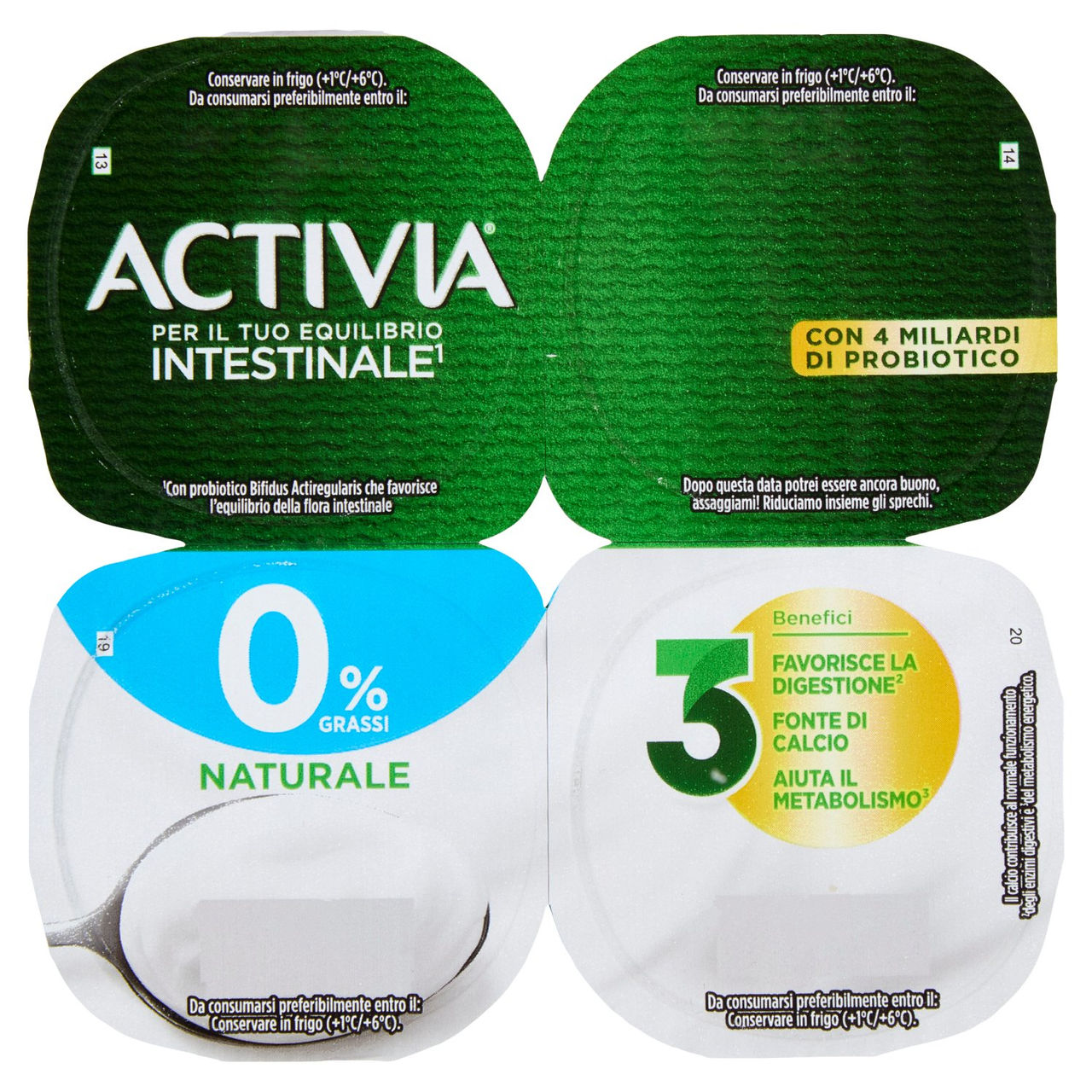 ACTIVIA Yogurt con Probiotico Bifidus, 0% Grassi, 0% Zuccheri Aggiunti, Bianco Naturale, 4x125g