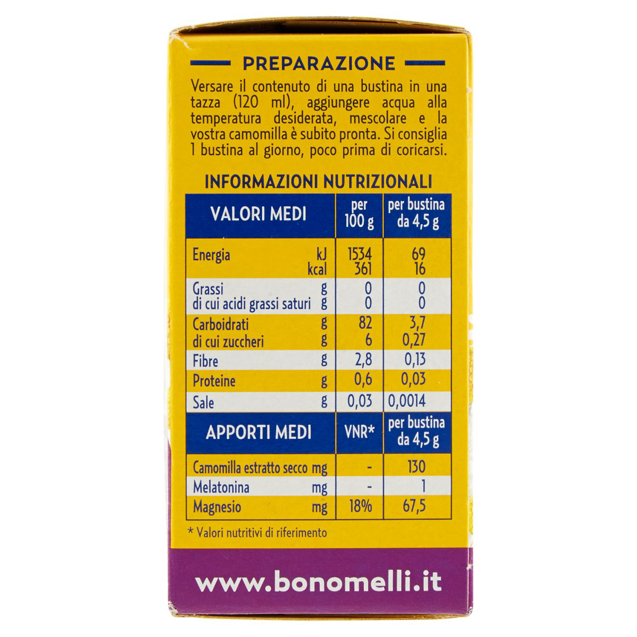 Bonomelli Estratto di Camomilla Solubile Senza Zuccheri Melatonina e Magnesio 16 x 4,5 g