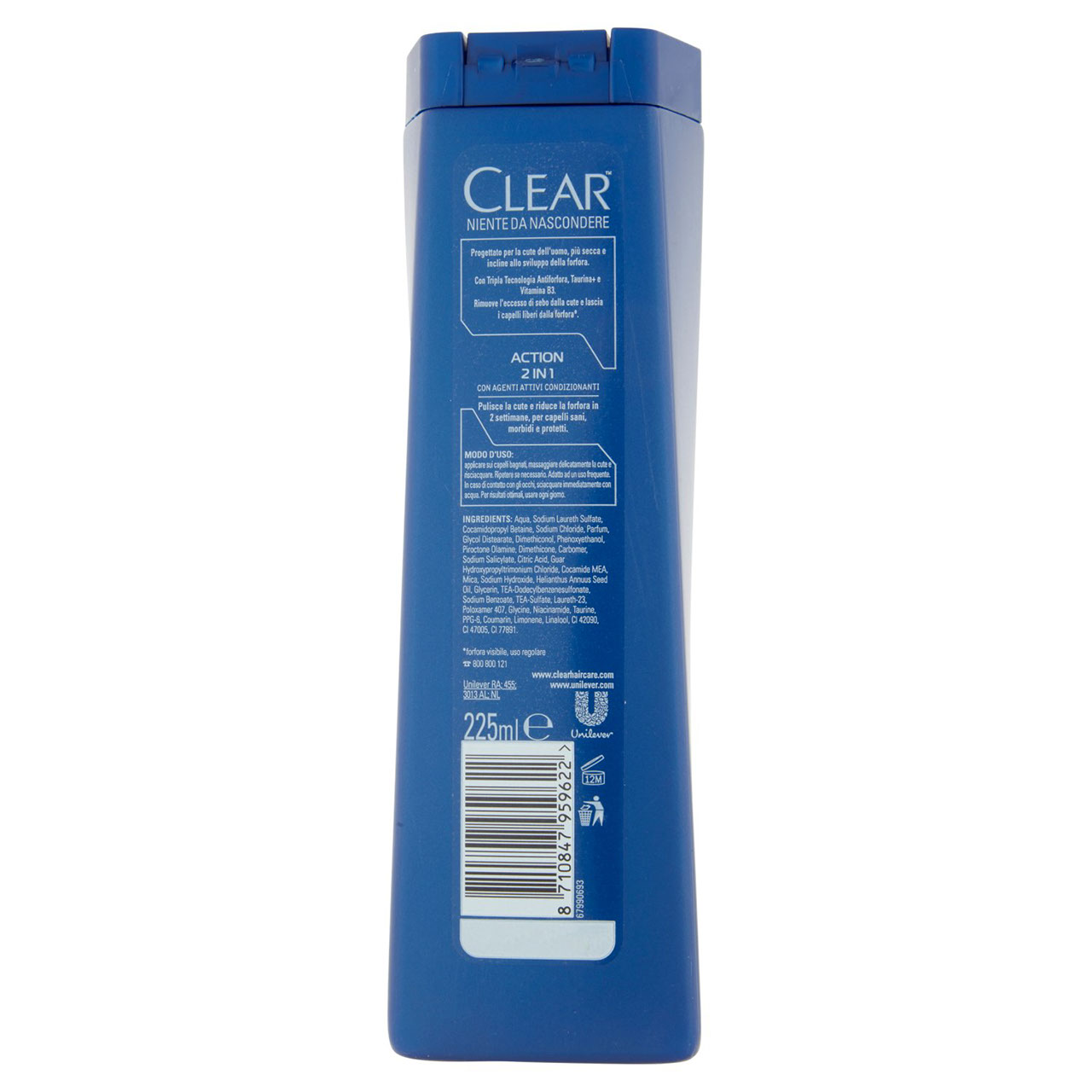 Clear Men Shampoo Antiforfora Action 2 in 1 per Tutti i Tipi di Capelli e Cute 225 ml