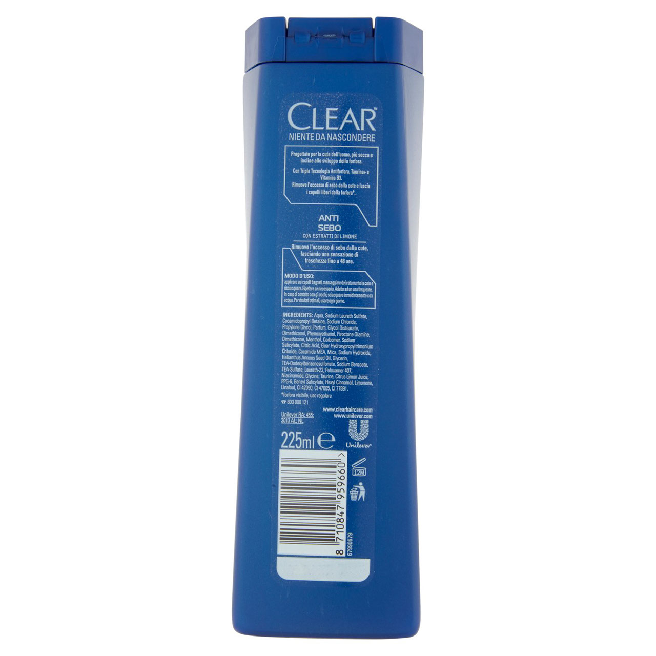 Clear Men Shampoo Antiforfora Anti Sebo per Capelli e Cute Grassa 225 ml