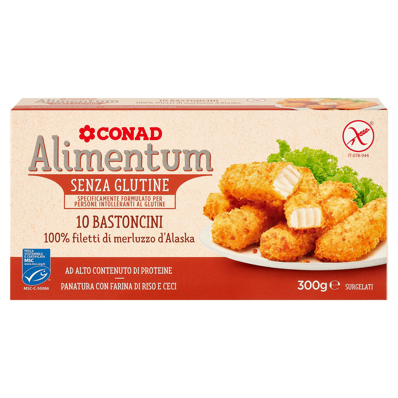 CONAD Alimentum Senza Glutine 10 Bastoncini 100% filetti di merluzzo d'Alaska Surgelati 300 g