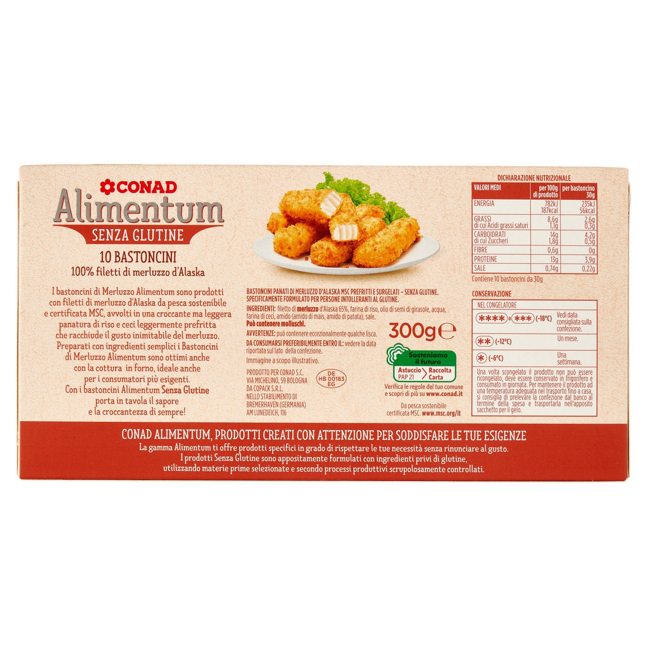 CONAD Alimentum Senza Glutine 10 Bastoncini 100% filetti di merluzzo d'Alaska Surgelati 300 g