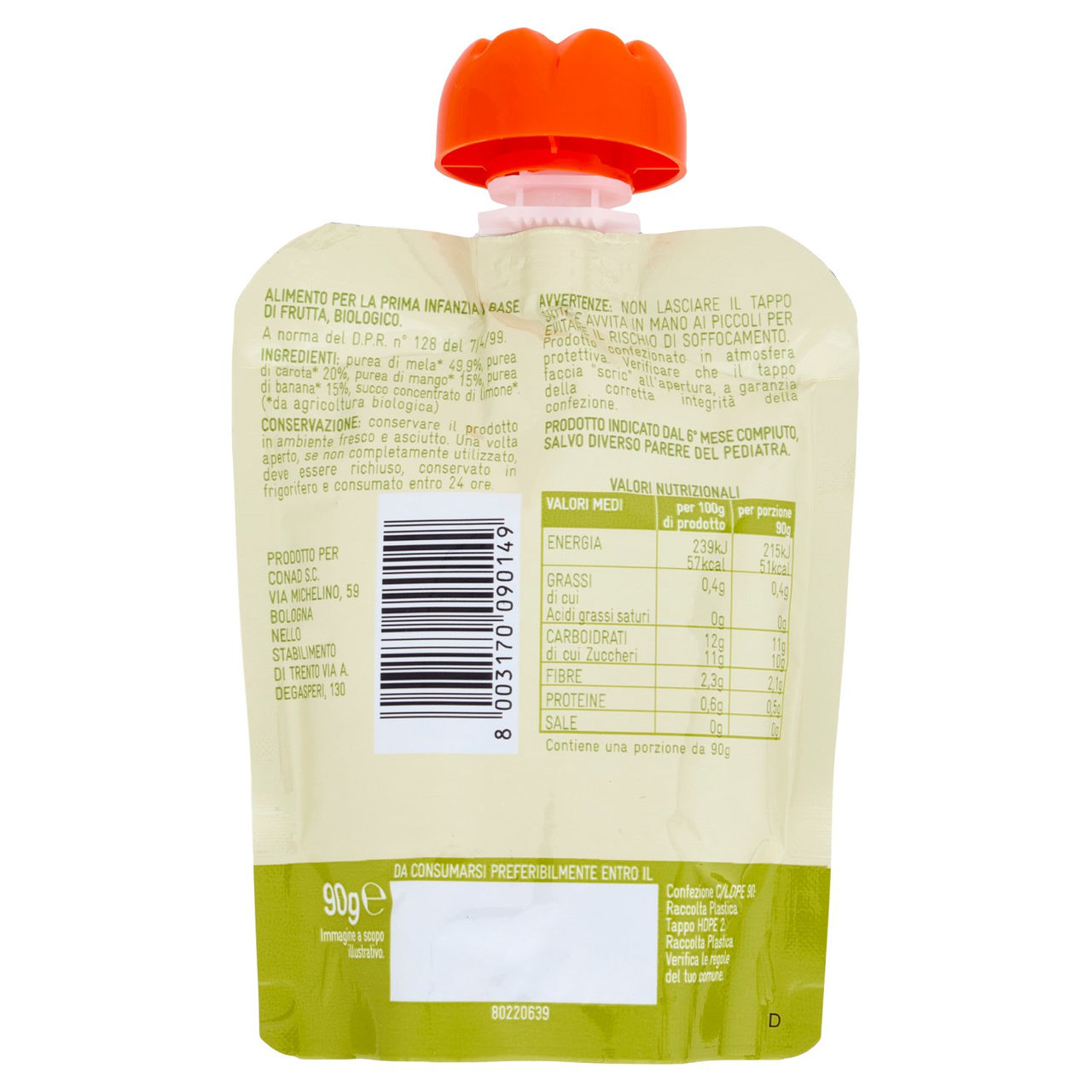 CONAD Baby 100% Mela, Banana, Carota e Mango Biologica 90 g