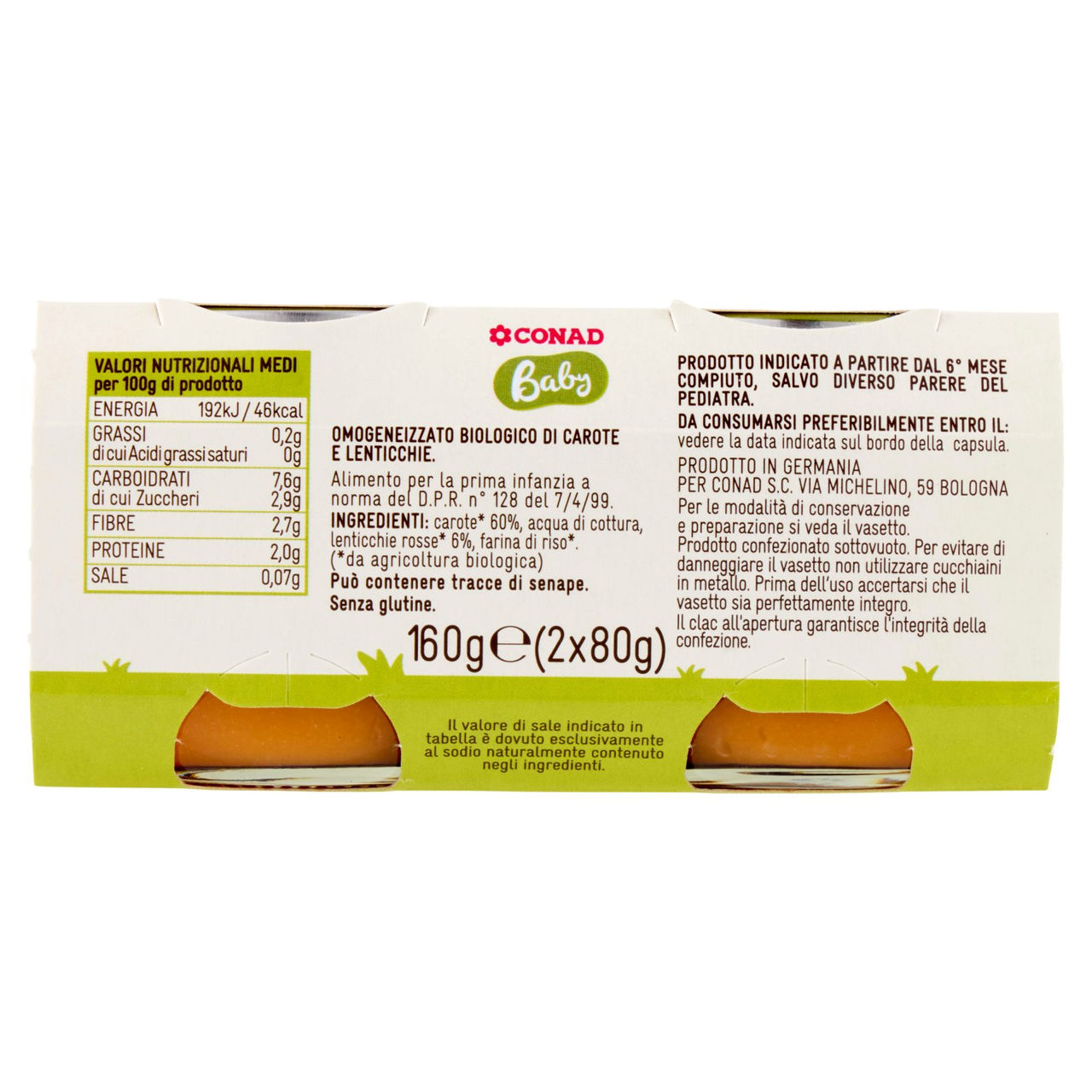 Conad Baby Carote e Lenticchie Biologico Omogeneizzato 2 x 80 g