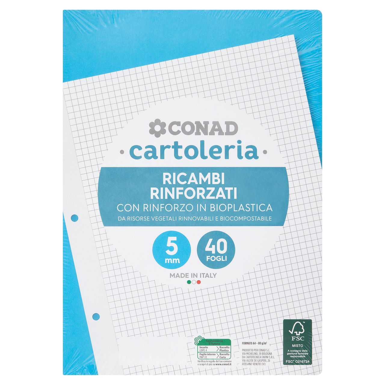 CONAD cartoleria Ricambi Rinforzati A4 80g 5mm 40 Fogli