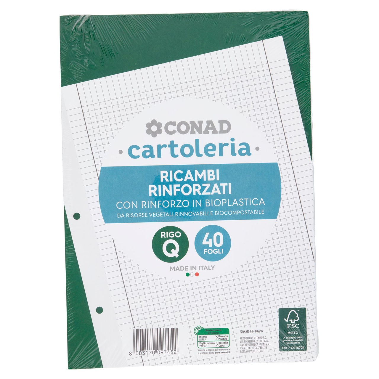 CONAD cartoleria Ricambi Rinforzati A4 80g rigo Q 40 Fogli