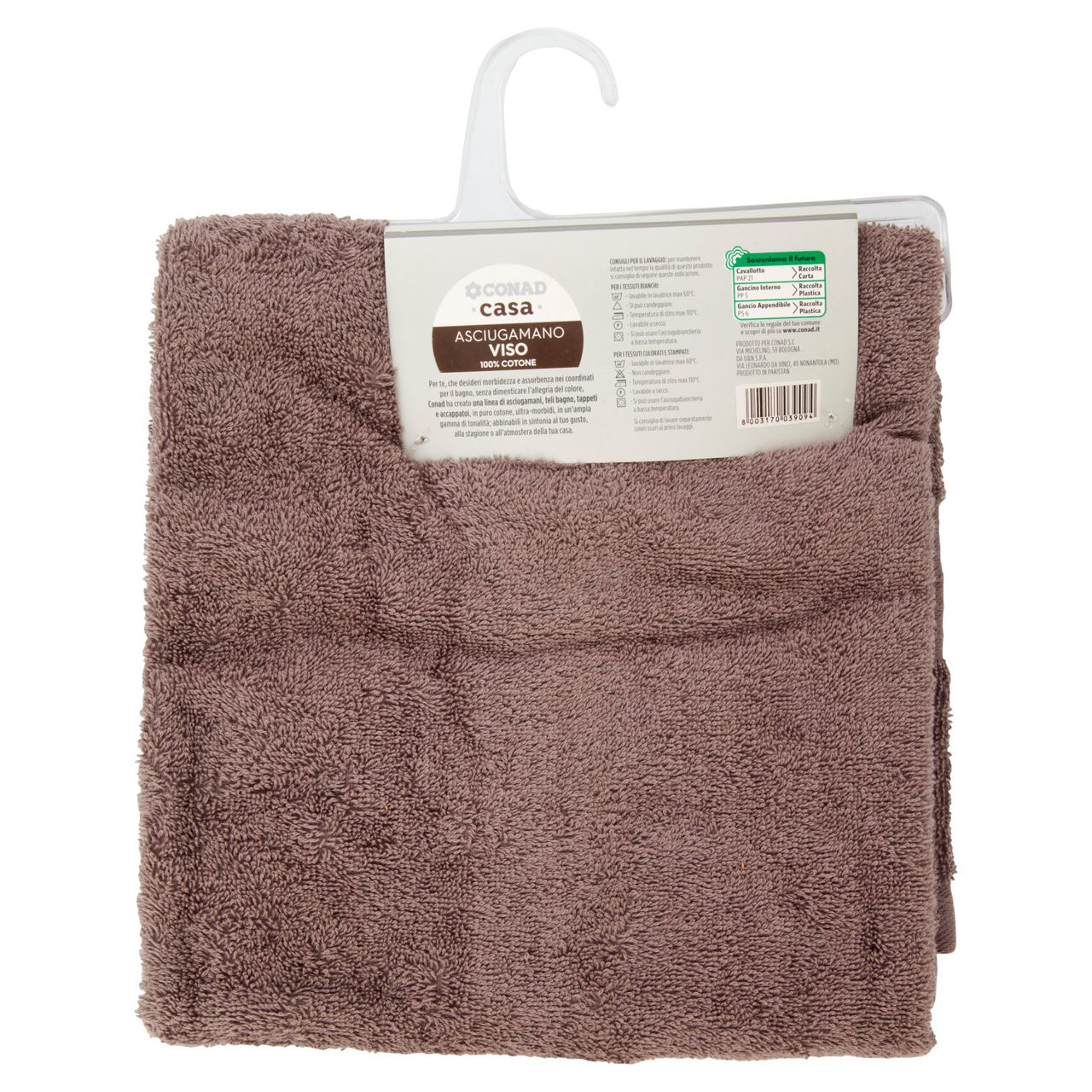 CONAD casa Asciugamano Viso 100% Cotone 60x110 cm Tortora