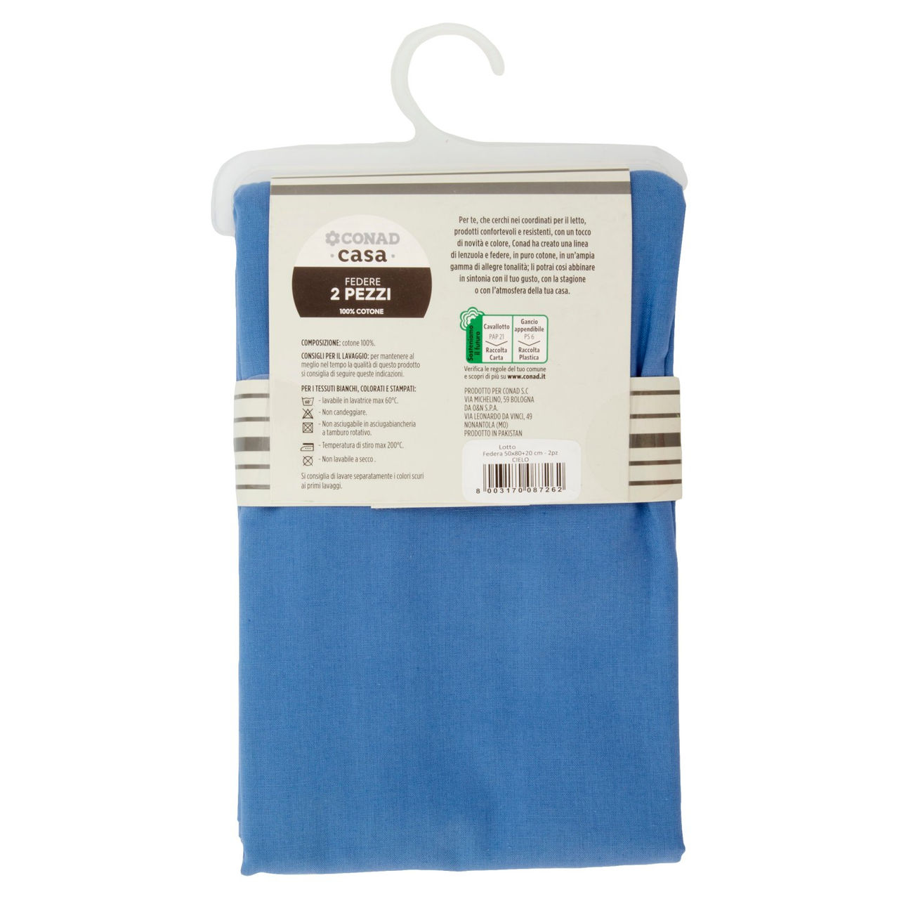 CONAD casa Federe 100% Cotone 50x80 cm Cielo 2 pz