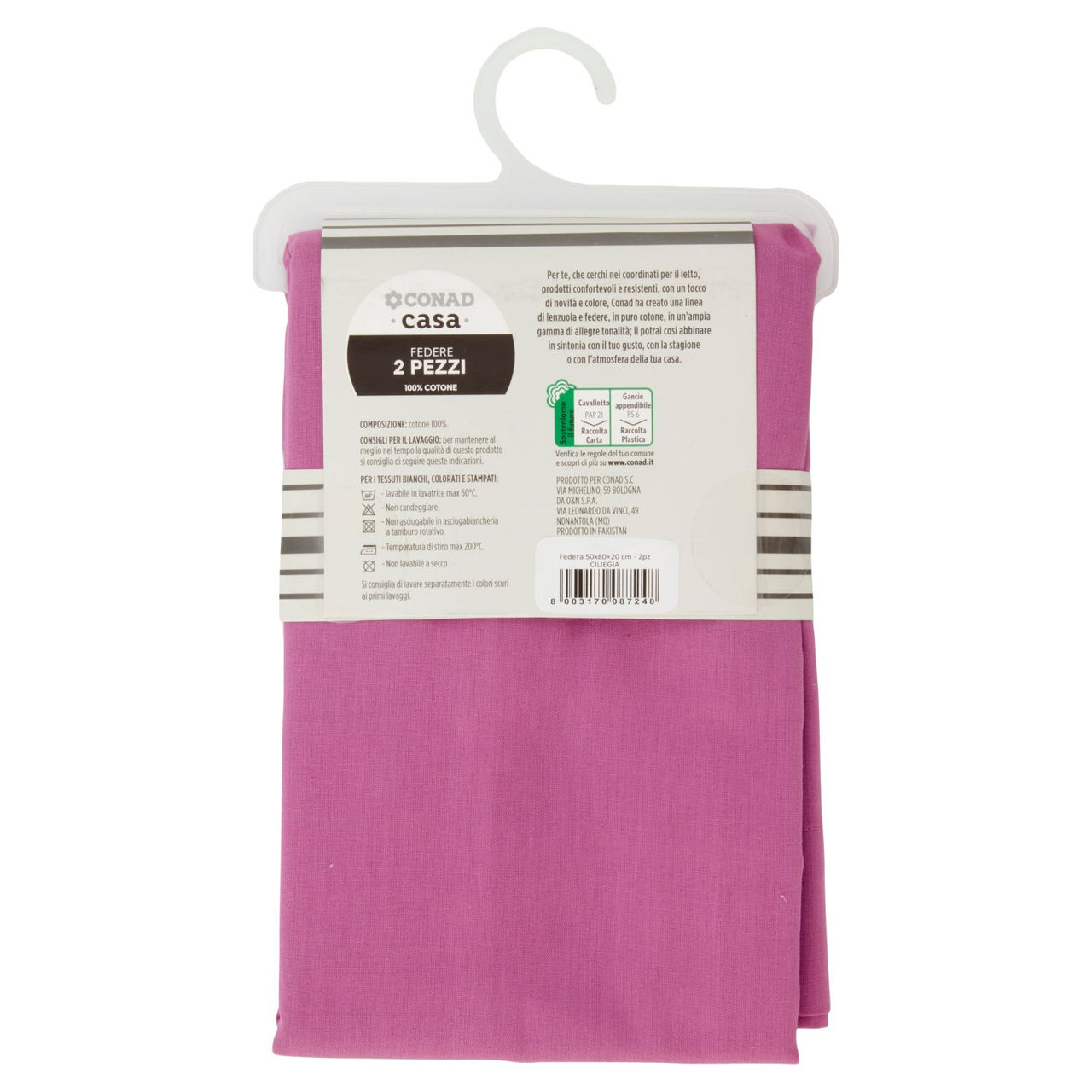 CONAD casa Federe 100% Cotone 50x80 cm Ciliegia 2 pz