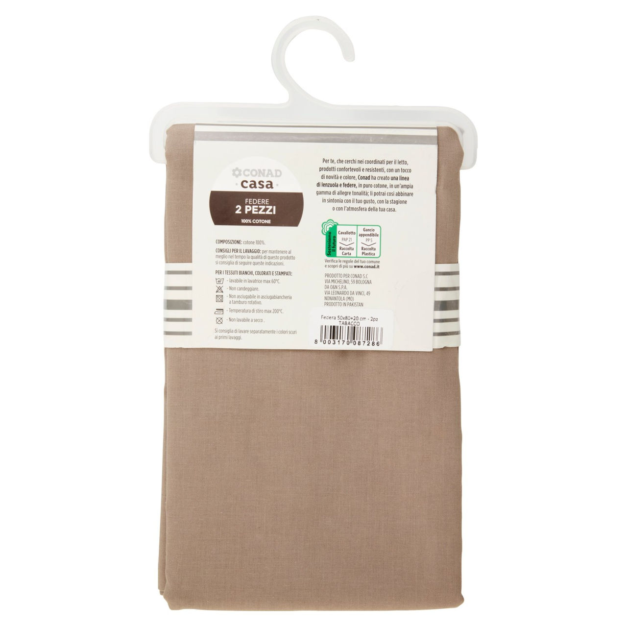 CONAD casa Federe 100% Cotone 50x80 cm Tabacco 2 pz