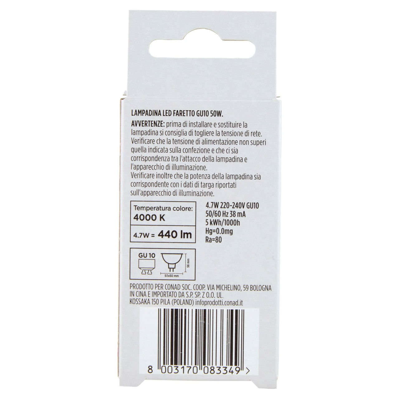 CONAD casa Led 4.7W 440 Lumen GU10 Luce Fredda
