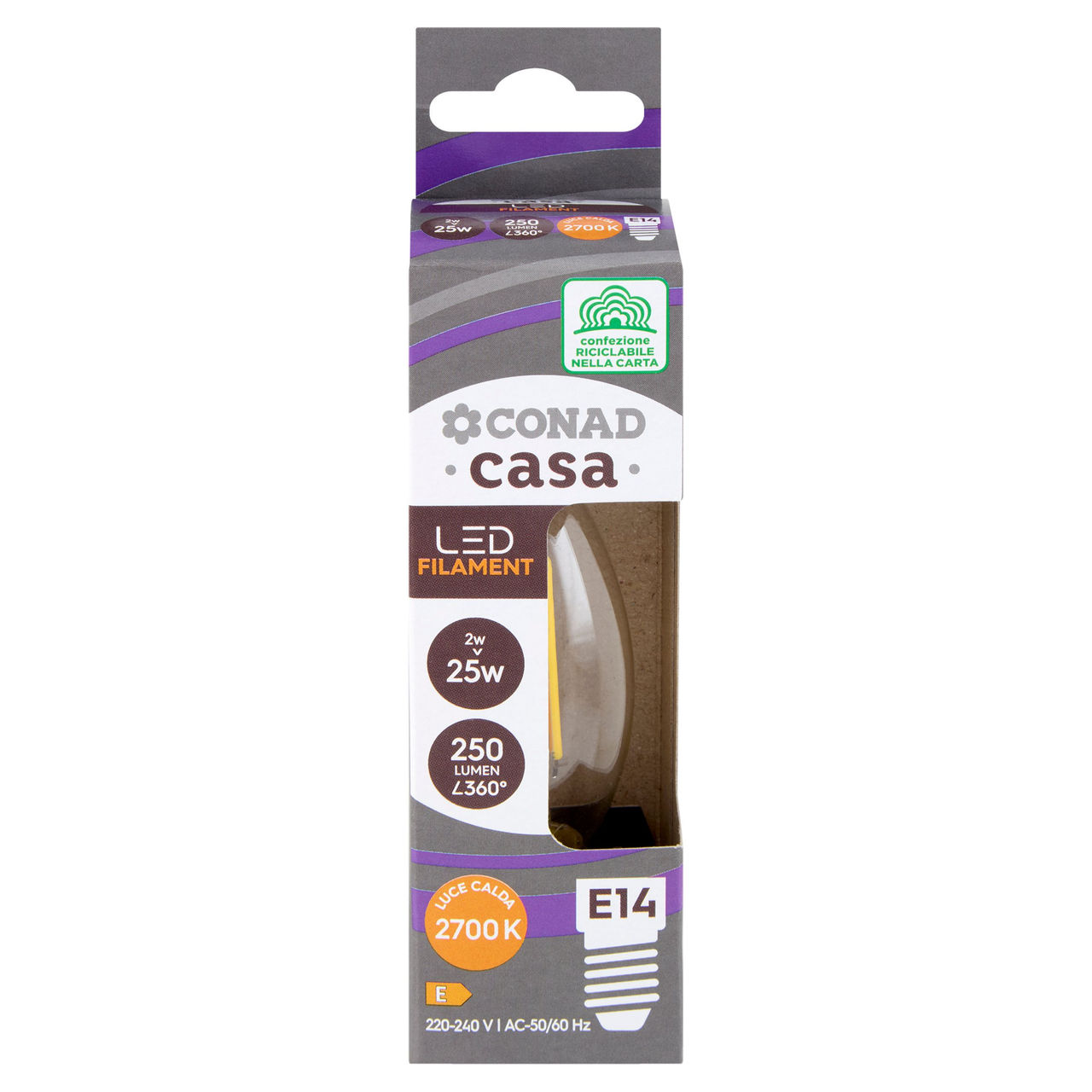 CONAD casa Led Filament 2W 250 Lumen E14 Luce Calda