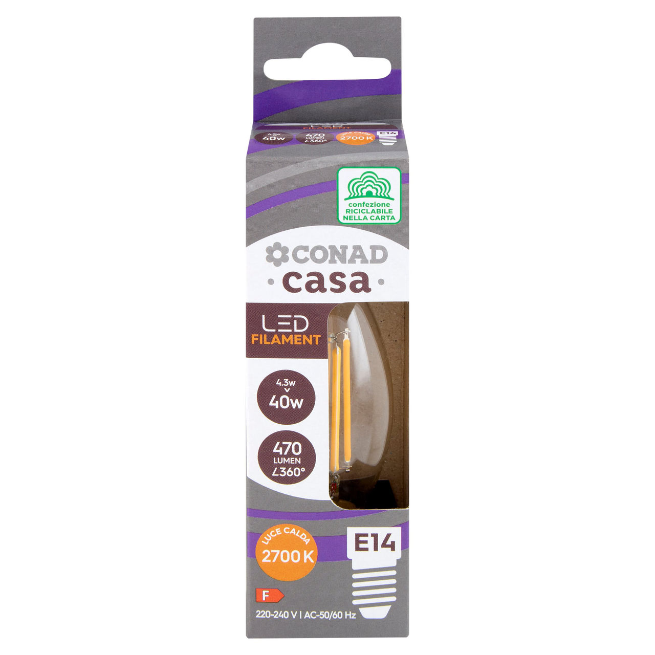 CONAD casa Led Filament 4.3W 470 Lumen E14 Luce Calda