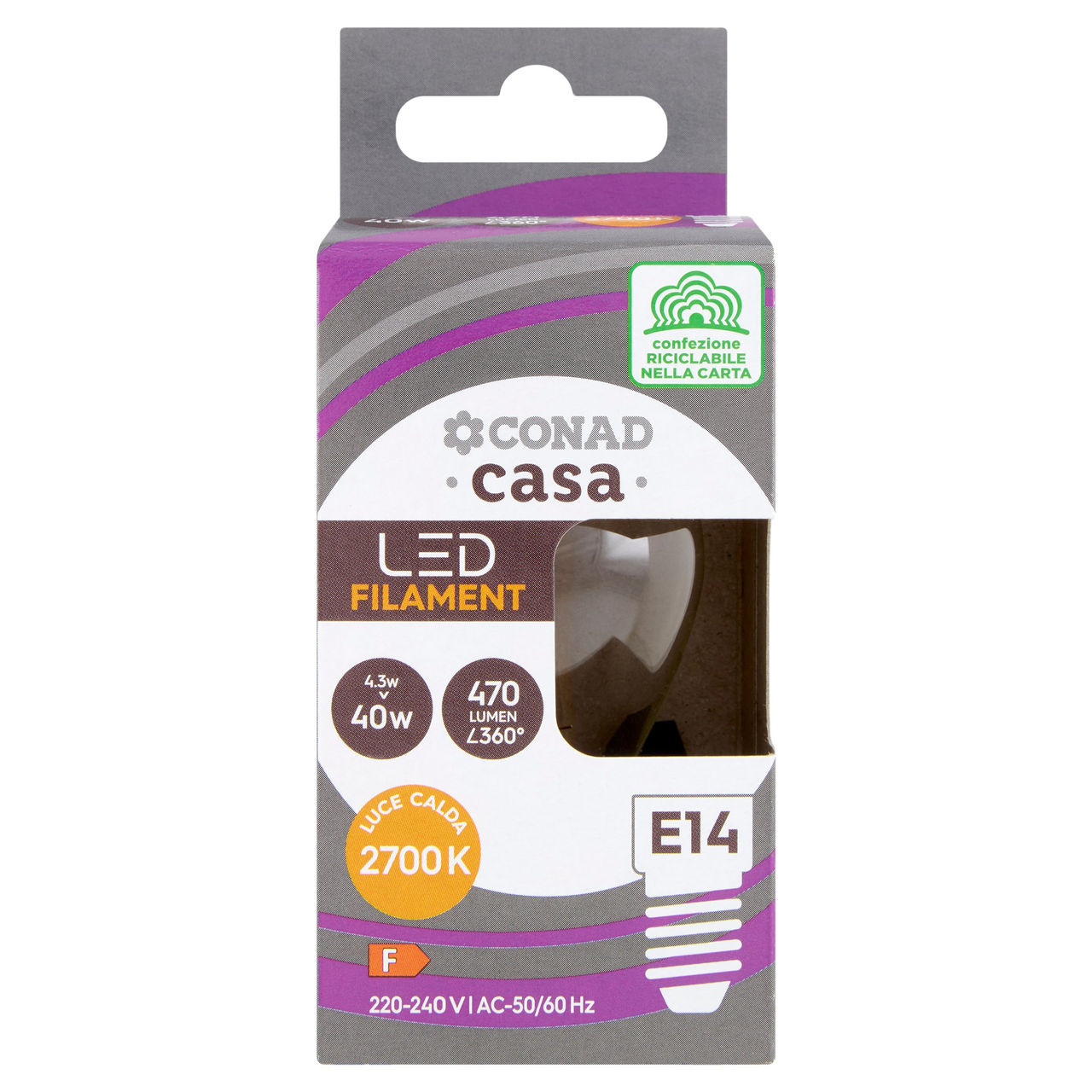 CONAD casa Led Filament 4.3W 470 Lumen E14 Luce Calda