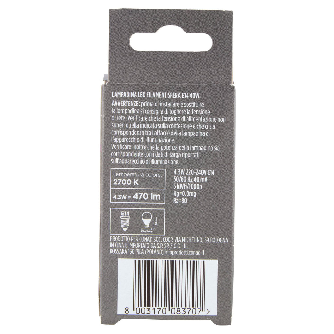 CONAD casa Led Filament 4.3W 470 Lumen E14 Luce Calda