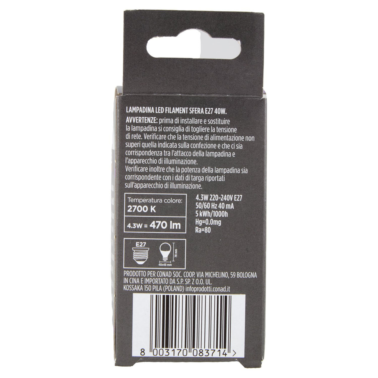 CONAD casa Led Filament 4.3W 470 Lumen E27 Luce Calda