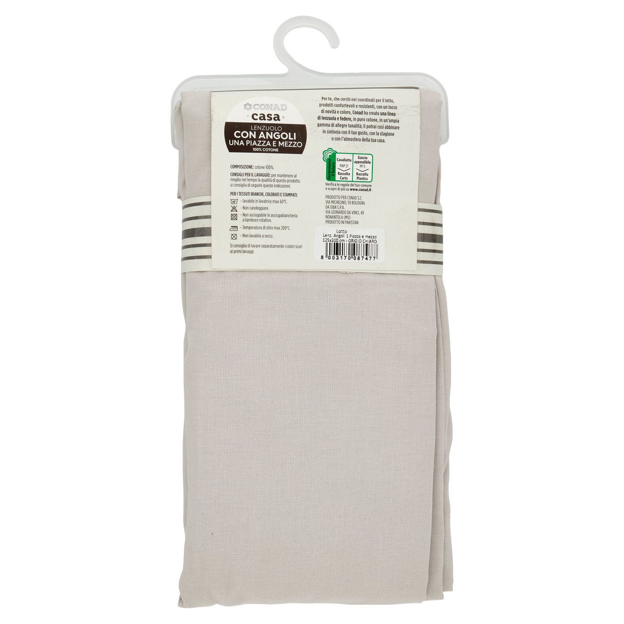 CONAD casa Lenzuolo con Angoli Una Piazza e Mezzo 100% Cotone 125x200 cm Grigio Chiaro