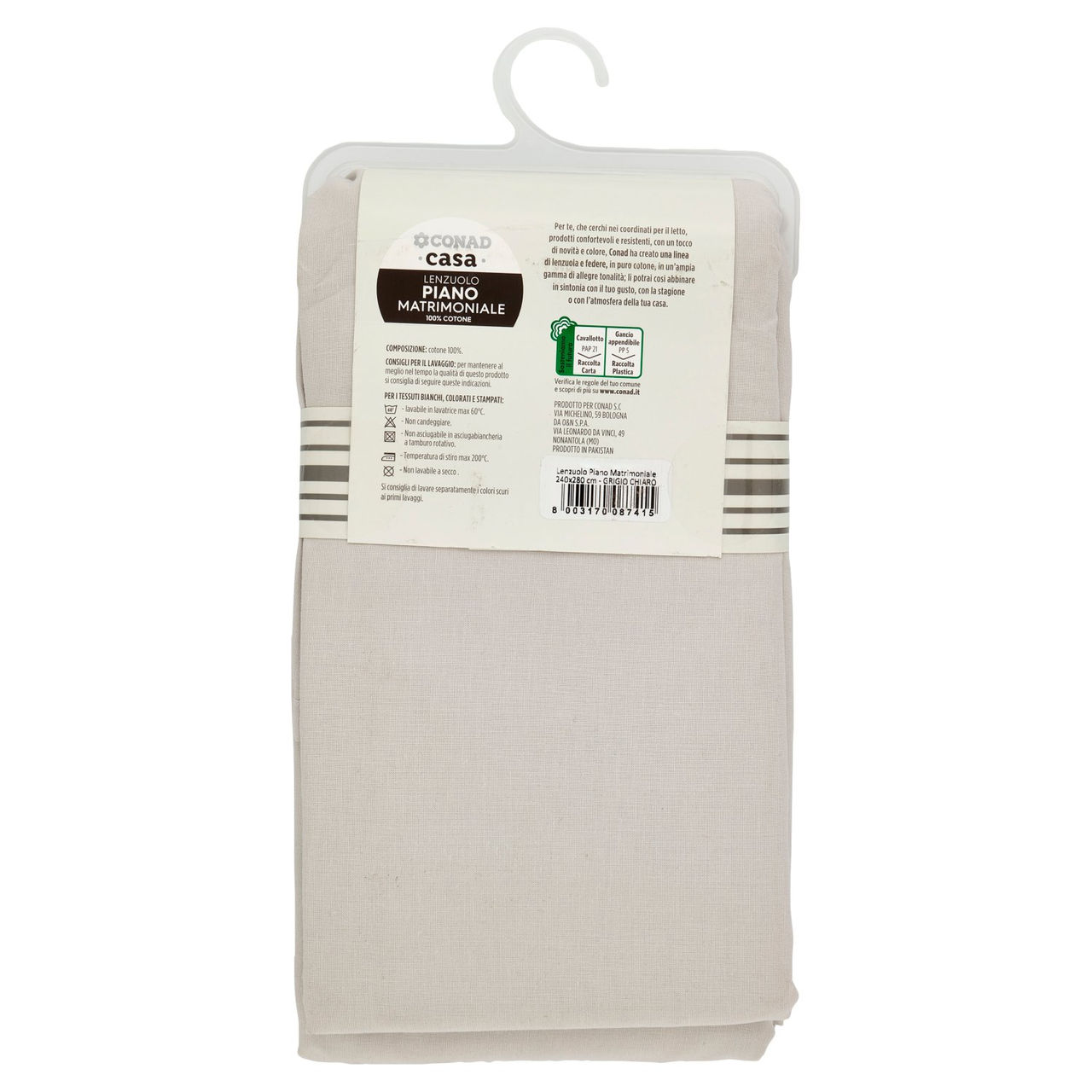 CONAD casa Lenzuolo Piano Matrimoniale 100% Cotone 240x280 cm Grigio Chiaro