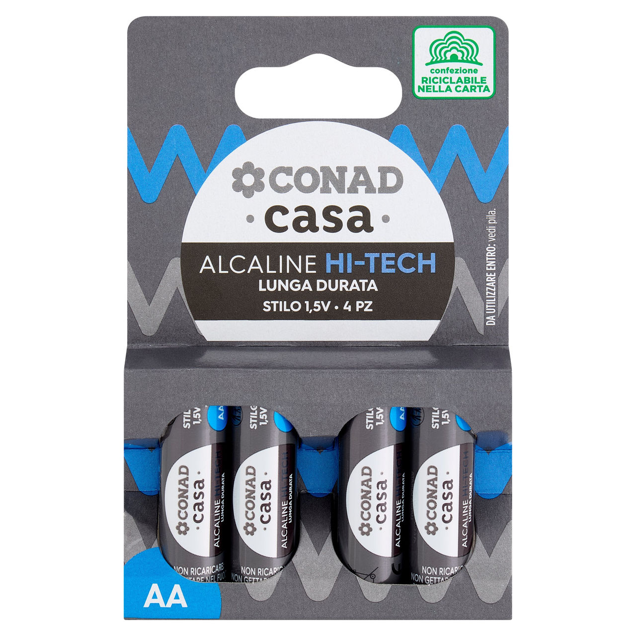 CONAD casa Pile Alcaline Hi-Tech Lunga Durata Stilo 1,5V 4 pz