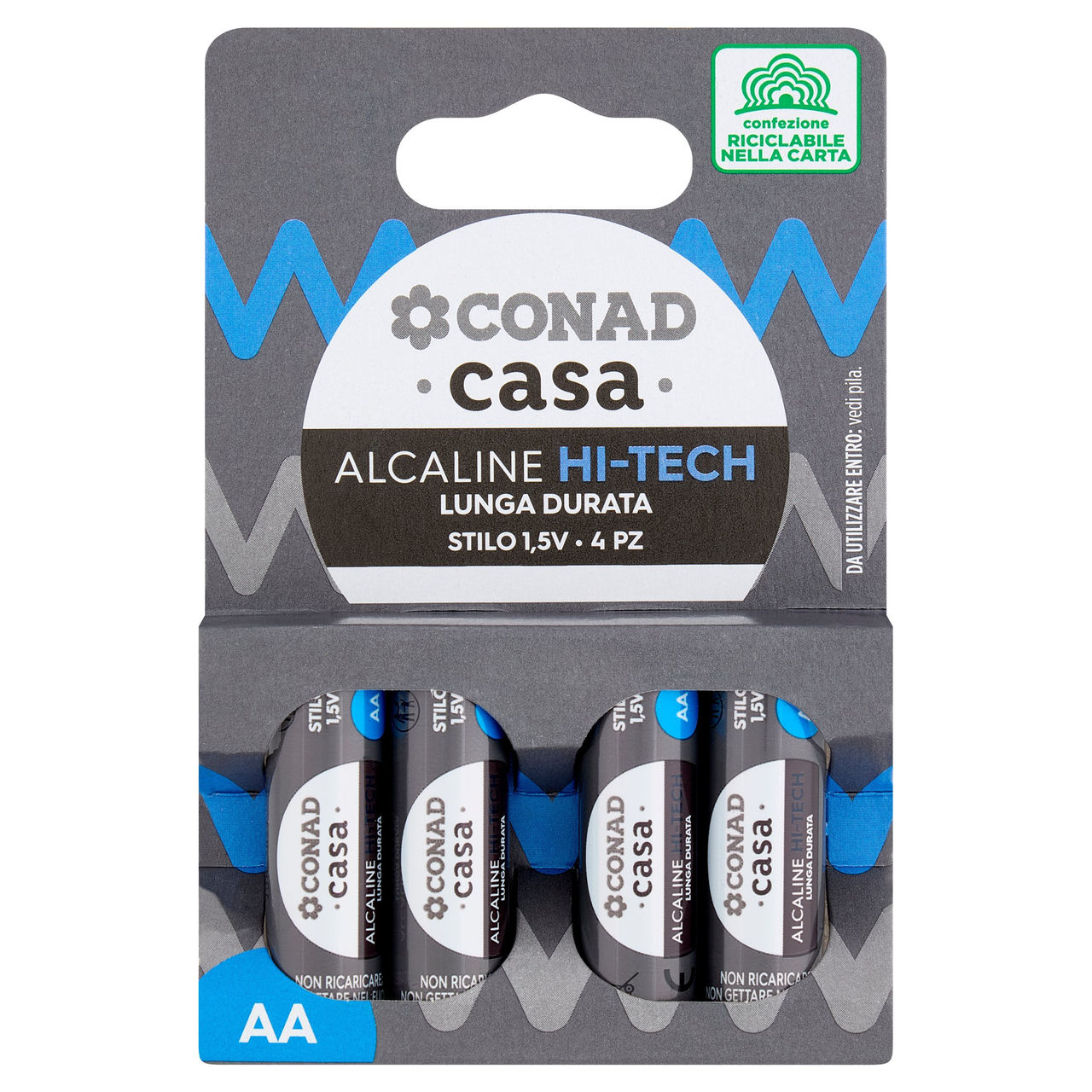 CONAD casa Pile Alcaline Hi-Tech Lunga Durata Stilo 1,5V 4 pz