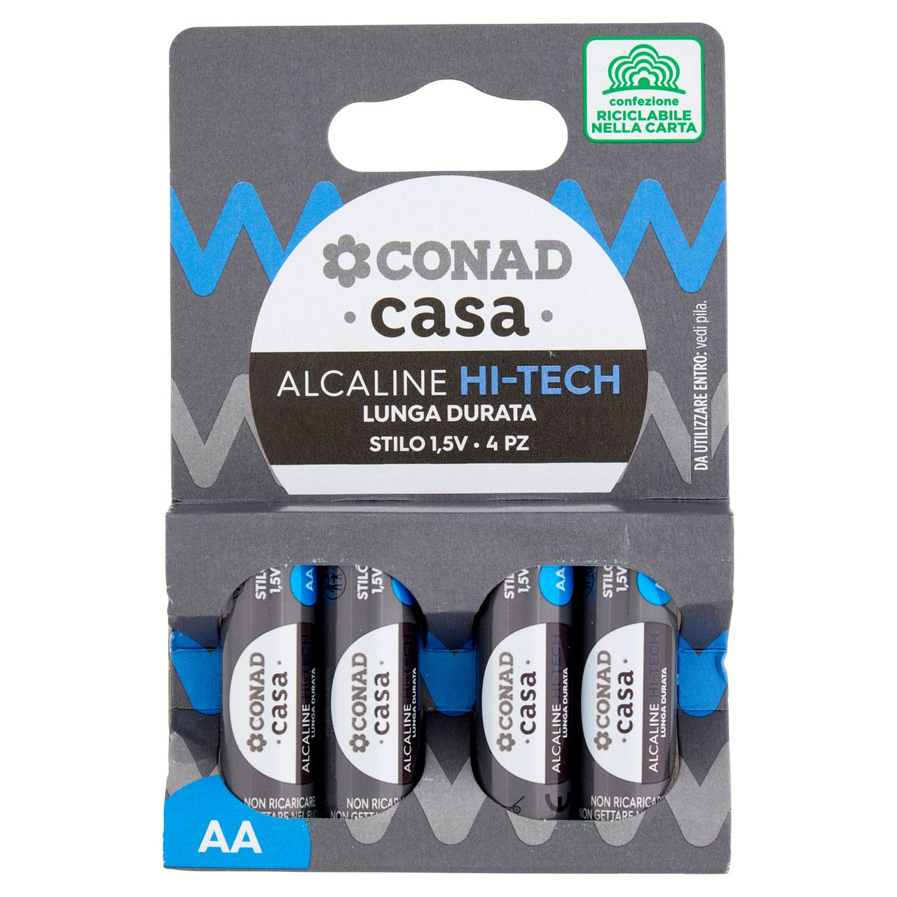 CONAD casa Pile Alcaline Hi-Tech Lunga Durata Stilo 1,5V 4 pz