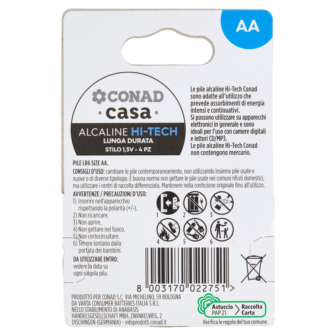 CONAD casa Pile Alcaline Hi-Tech Lunga Durata Stilo 1,5V 4 pz