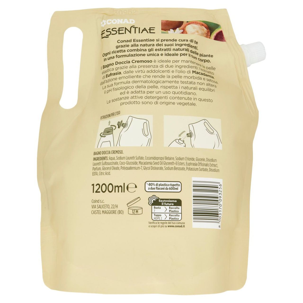 CONAD Essentiae Bagno Doccia Cremoso Eco Ricarica 1200 ml