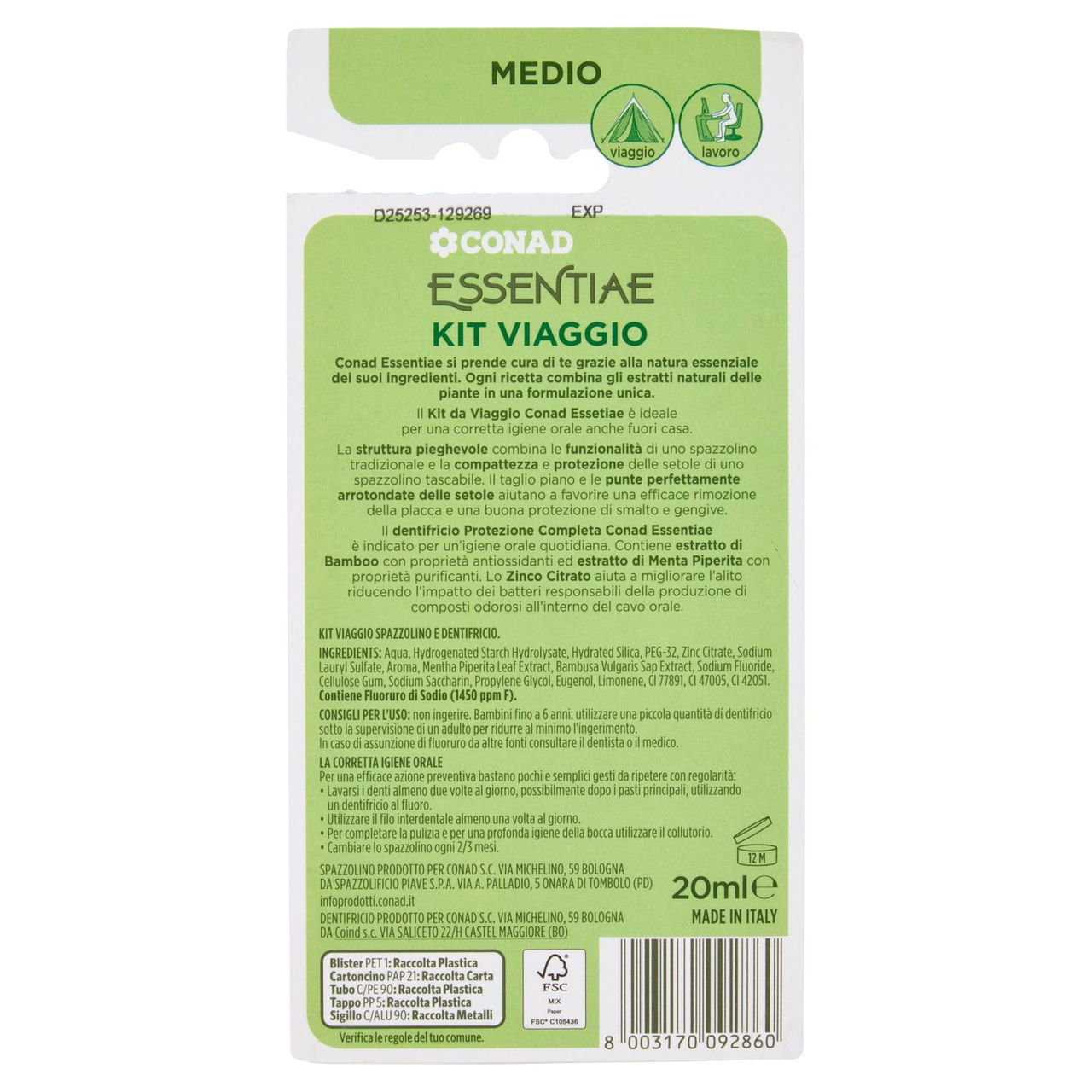 CONAD Essentiae Kit Viaggio Spazzolino Medio e Dentifricio 20 ml