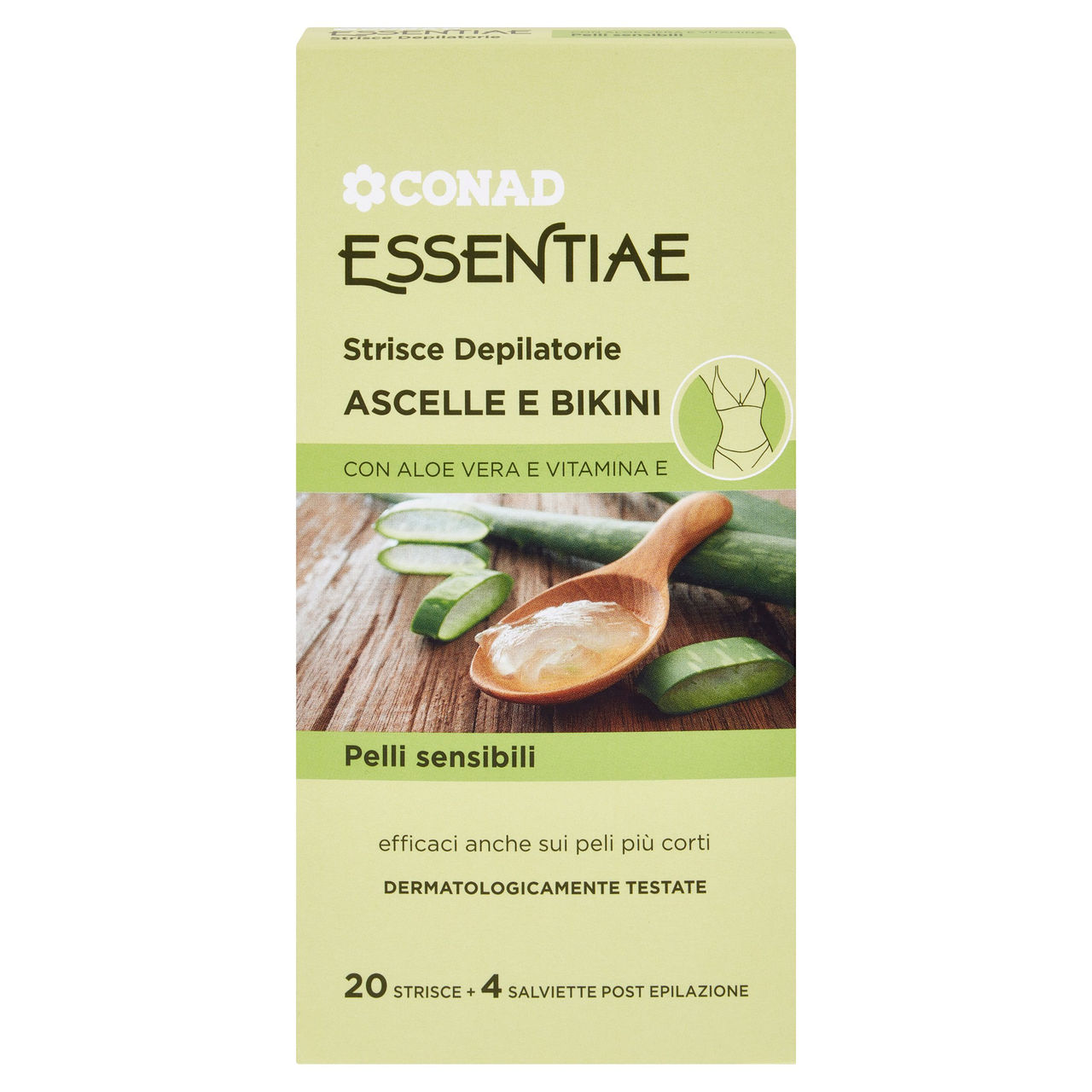 CONAD Essentiae Strisce Depilatorie Ascelle e Bikini Pelli sensibili 20 Strisce 4 Salviette Post