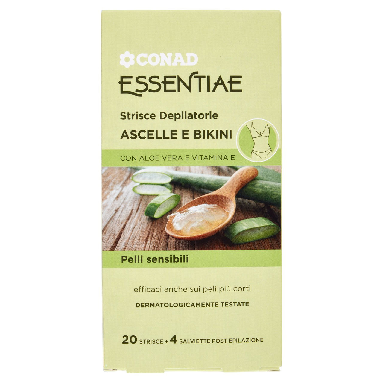 CONAD Essentiae Strisce Depilatorie Ascelle e Bikini Pelli sensibili 20 Strisce 4 Salviette Post
