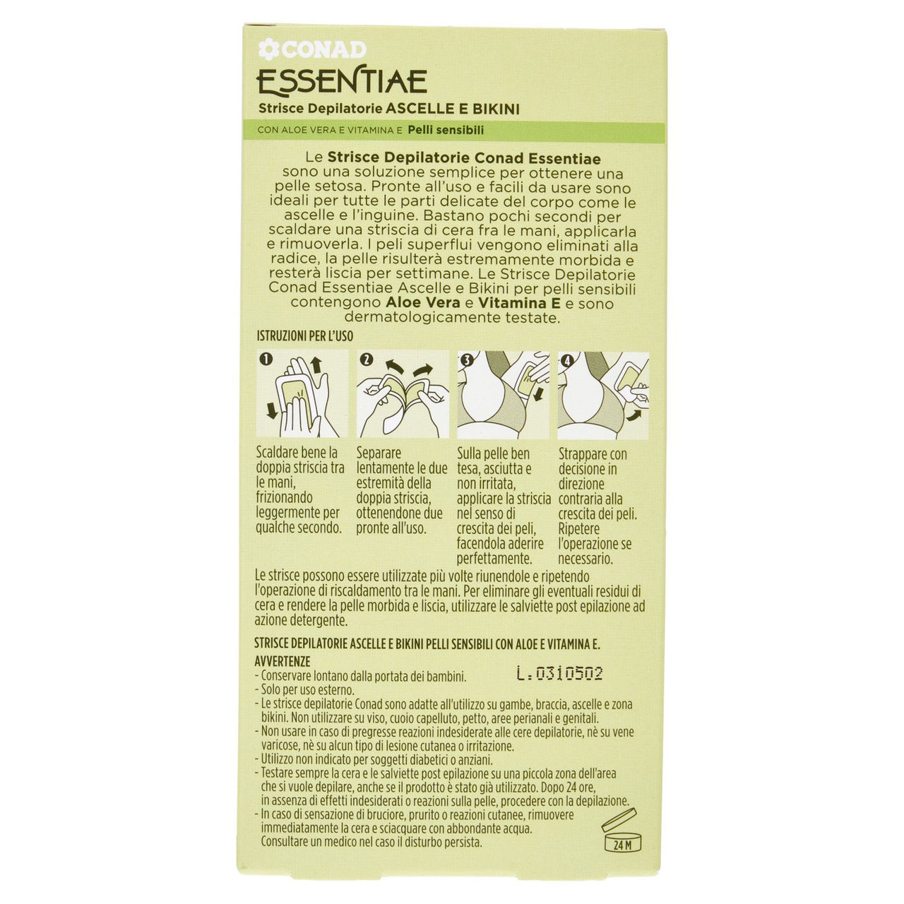 CONAD Essentiae Strisce Depilatorie Ascelle e Bikini Pelli sensibili 20 Strisce 4 Salviette Post