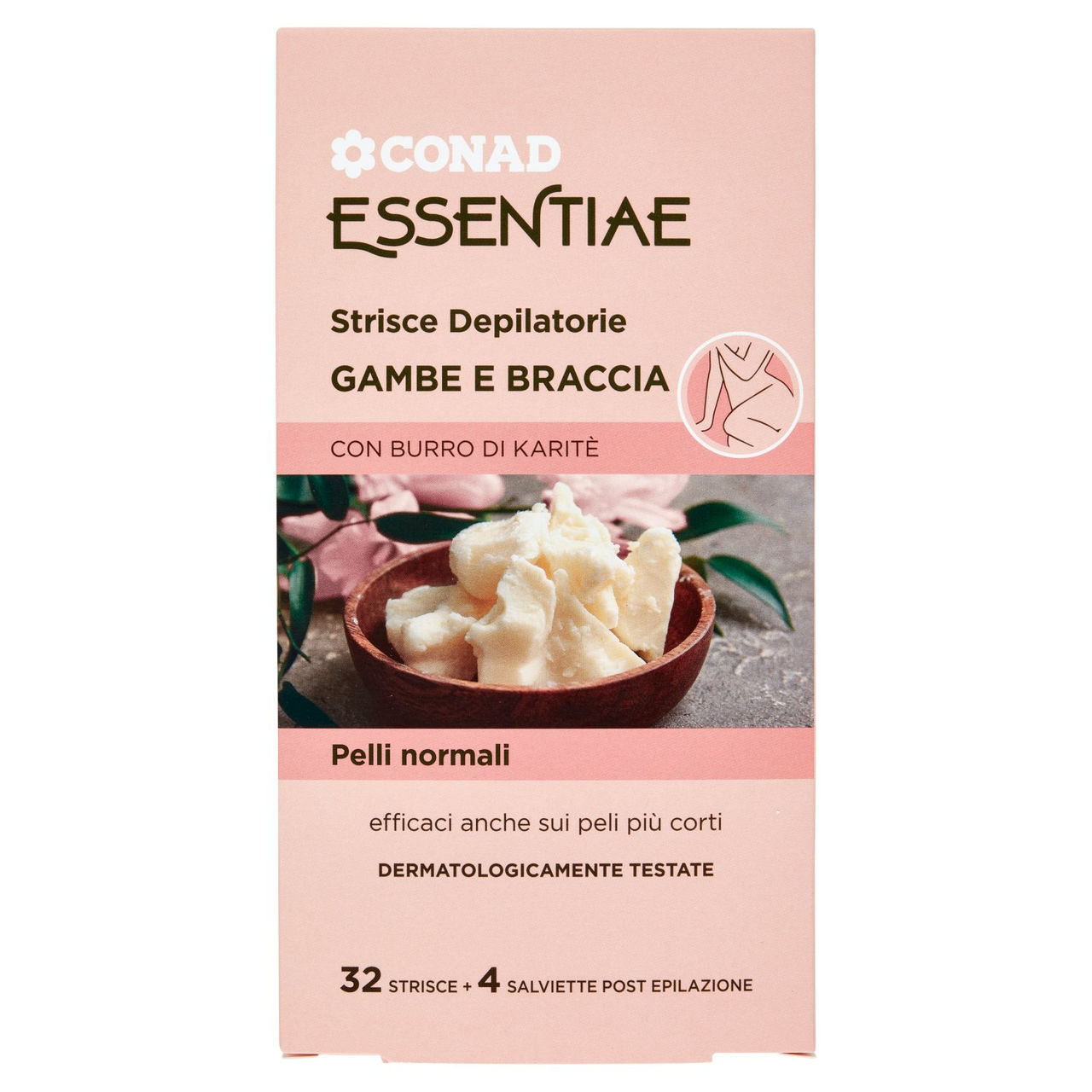 CONAD Essentiae Strisce Depilatorie Gambe e Braccia Pelli normali 32 Strisce   4 Salviette Post