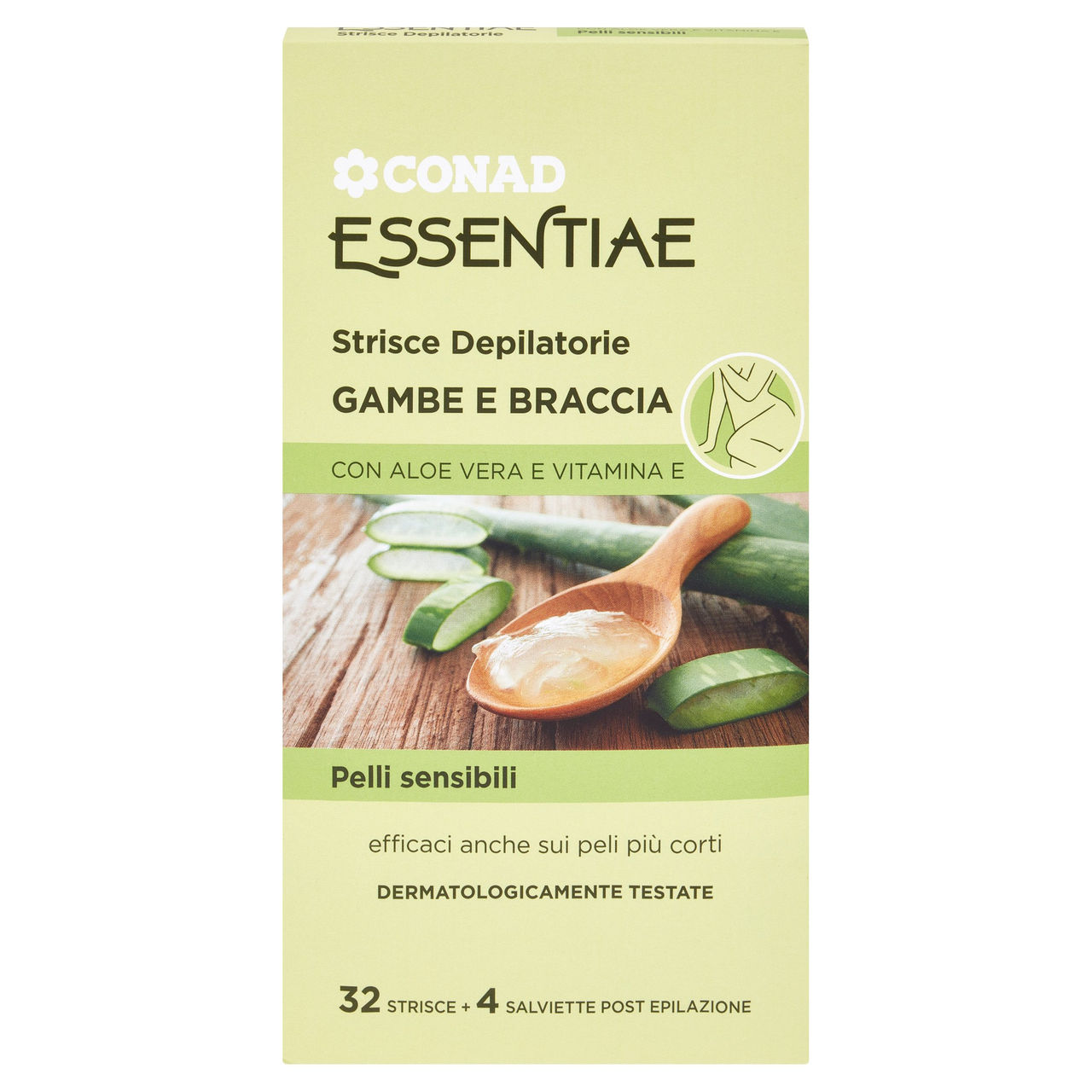 CONAD Essentiae Strisce Depilatorie Gambe e Braccia Pelli sensibili 32 Strisce 4 Salviette Post
