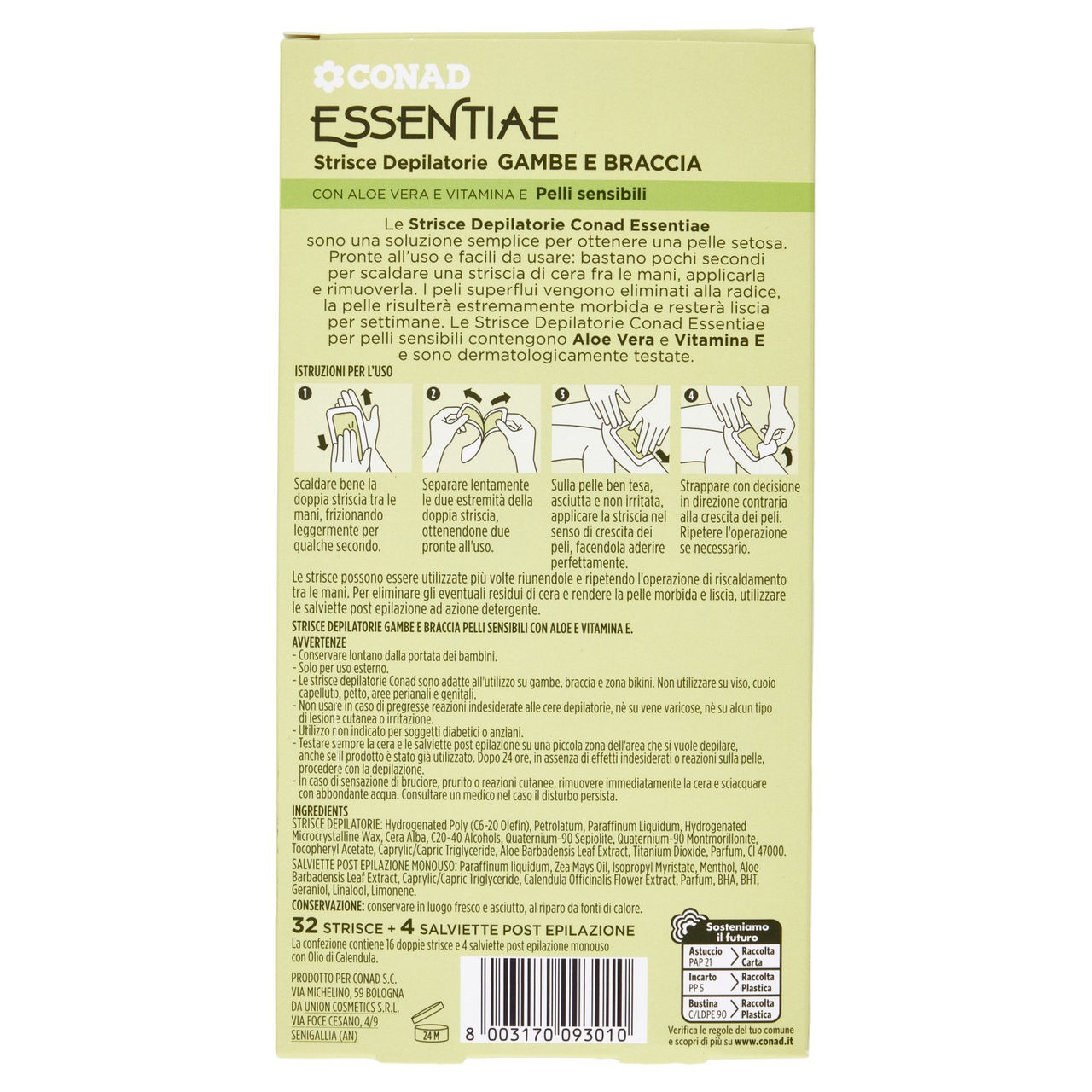 CONAD Essentiae Strisce Depilatorie Gambe e Braccia Pelli sensibili 32 Strisce 4 Salviette Post