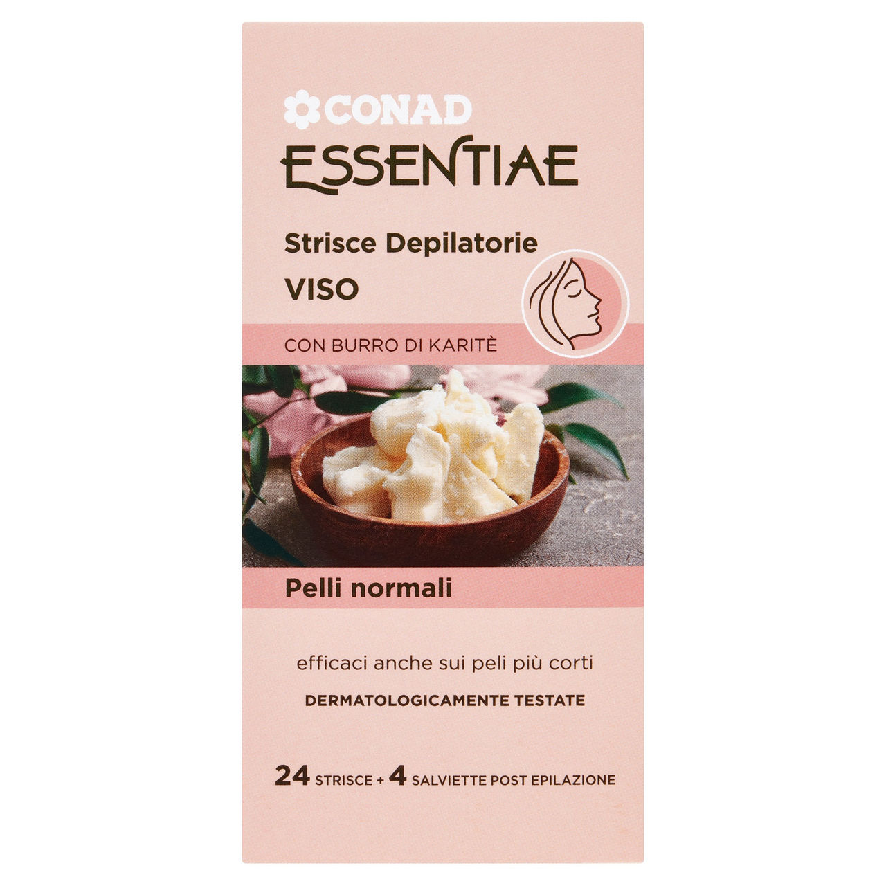CONAD Essentiae Strisce Depilatorie Viso Pelli normali 24 Strisce 4 Salviette Post Epilazione