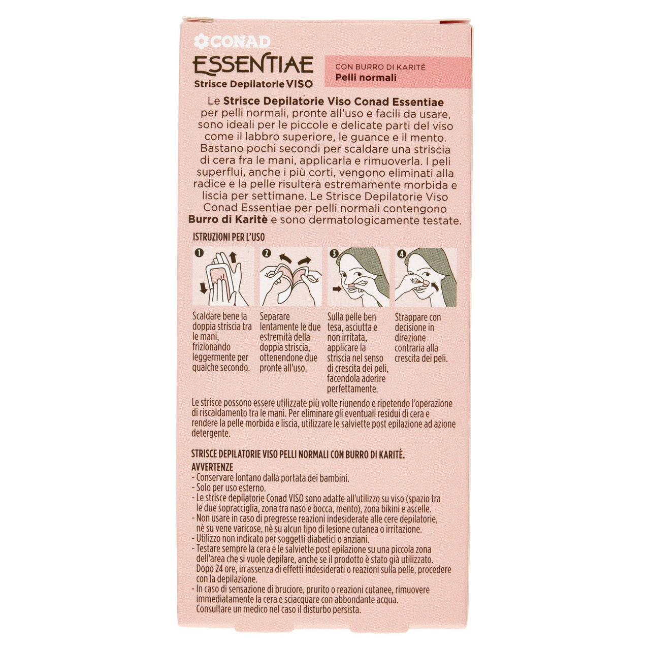 CONAD Essentiae Strisce Depilatorie Viso Pelli normali 24 Strisce 4 Salviette Post Epilazione