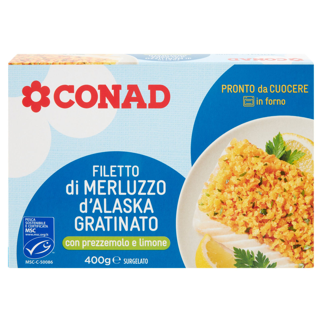 CONAD Filetto di Merluzzo d'Alaska Gratinato con prezzemolo e limone Surgelato 400 g