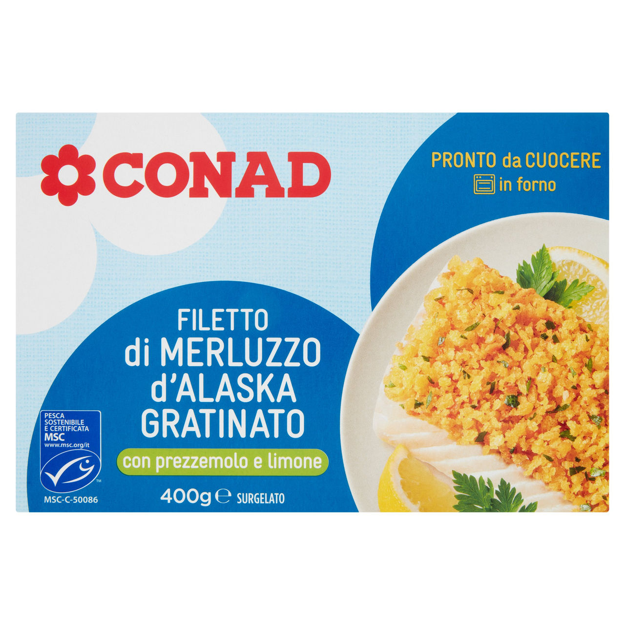 CONAD Filetto di Merluzzo d'Alaska Gratinato con prezzemolo e limone Surgelato 400 g