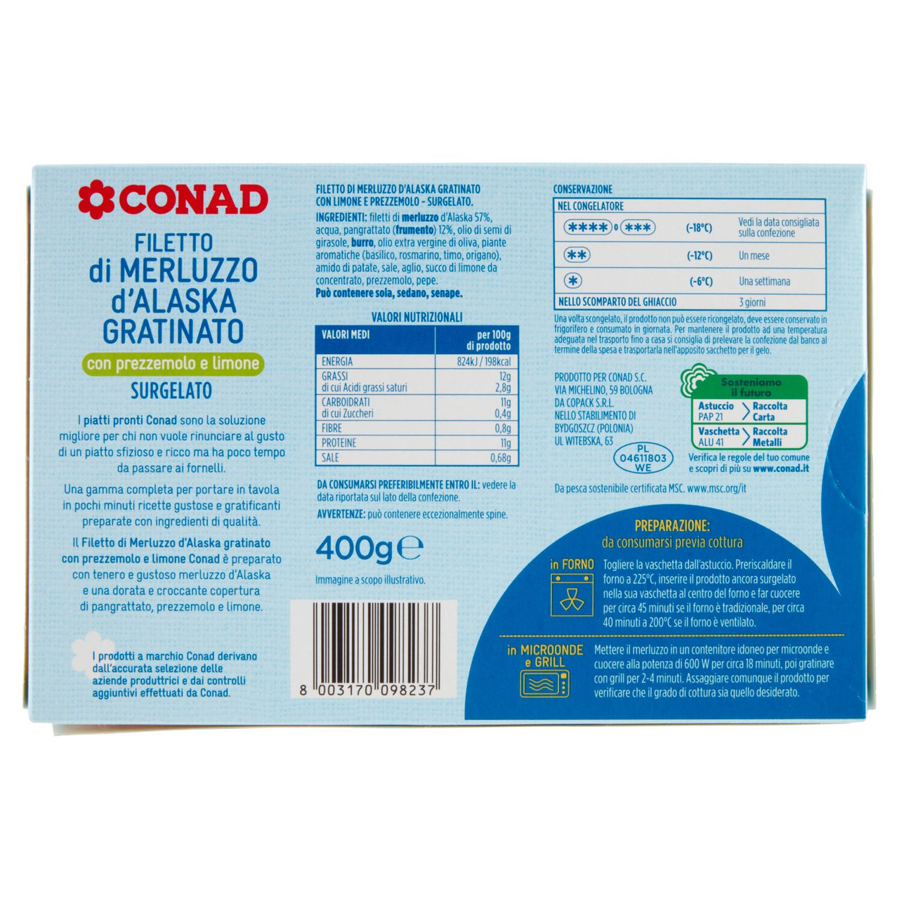 CONAD Filetto di Merluzzo d'Alaska Gratinato con prezzemolo e limone Surgelato 400 g