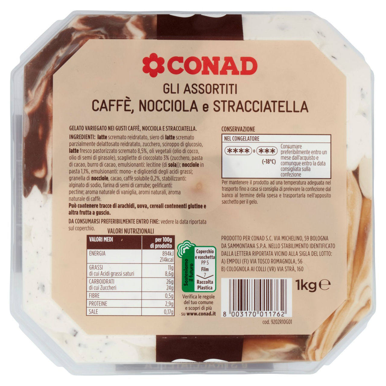 Gelato Caffè, Nocciola e Stracciatella 1 kg Conad