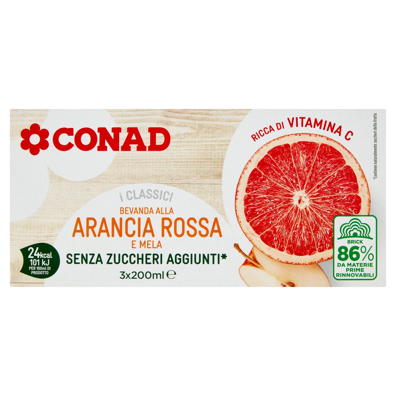 CONAD I Classici Bevanda alla Arancia Rossa e Mela Senza Zuccheri Aggiunti* 3 x 200 ml