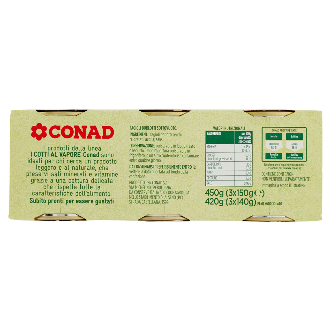 Fagioli Borlotti Cotti al Vapore 3x150g Conad