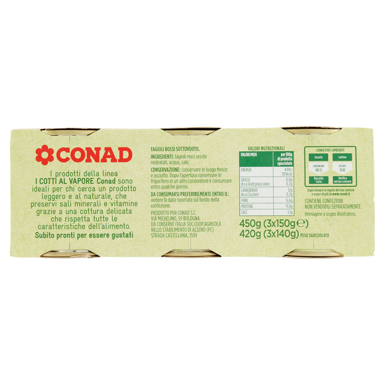 Fagioli Rossi Cotti al Vapore 3x150g Conad